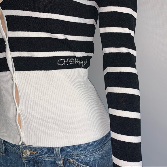 Retro Cherry Striped Y2K Ribbed Cardigan Sweater - Picture 5 of 15